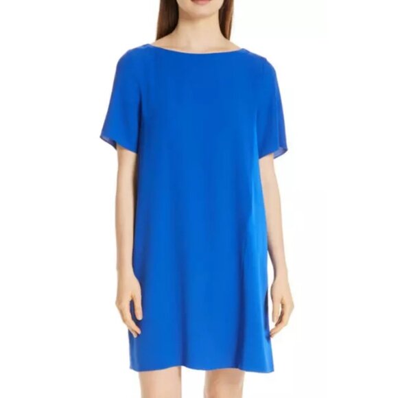 Eileen Fisher Large Bateau Neck Silk Dress Royal NWT - Picture 1 of 10